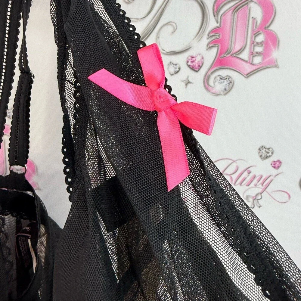 Victoria's Secret set 2 piece sexy little things Black Mesh Babydoll Pink Accent